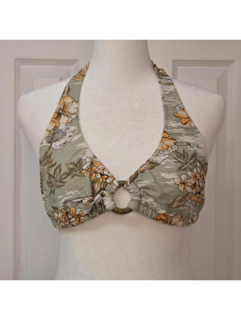 Sage Green Retro Floral Halter Bikini Top Japanese Size M (S) Y2K Beach Vacation